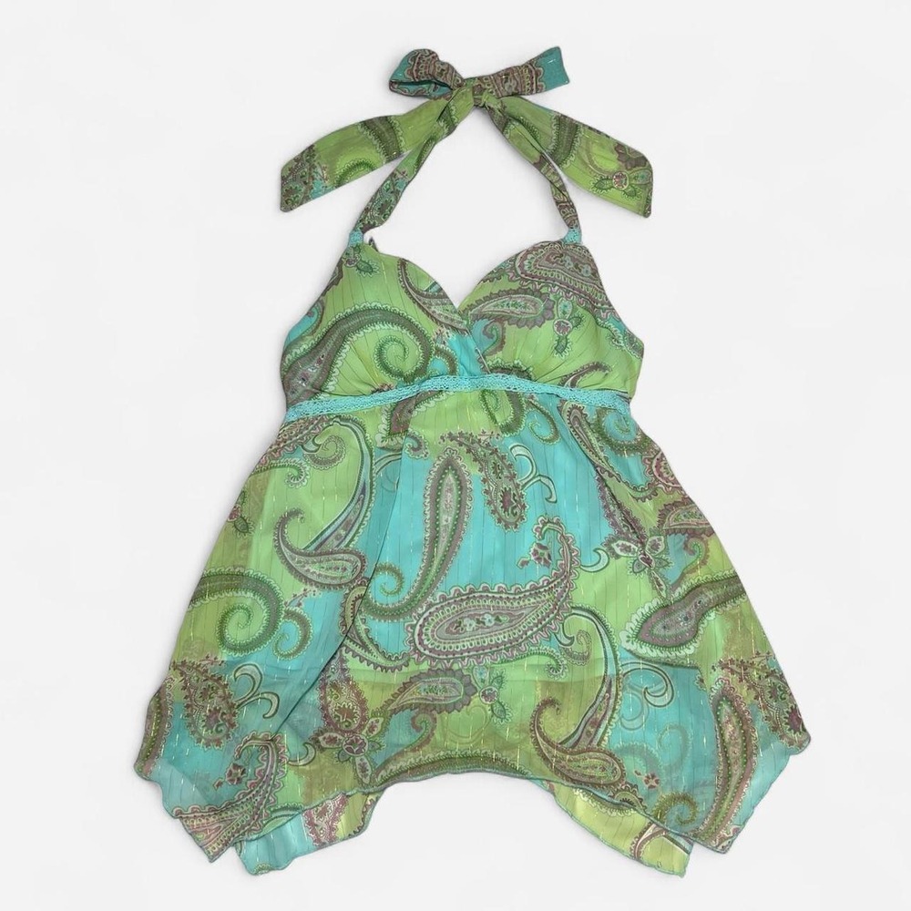 Vintage Jordache Y2K/90s Fairy Paisley Print Halter Top Handkerchief Hem